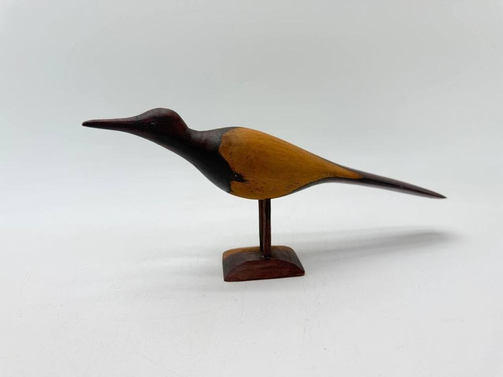 Carved Wooden Long Beak Bird Figurine Painted Sculpture on Stand